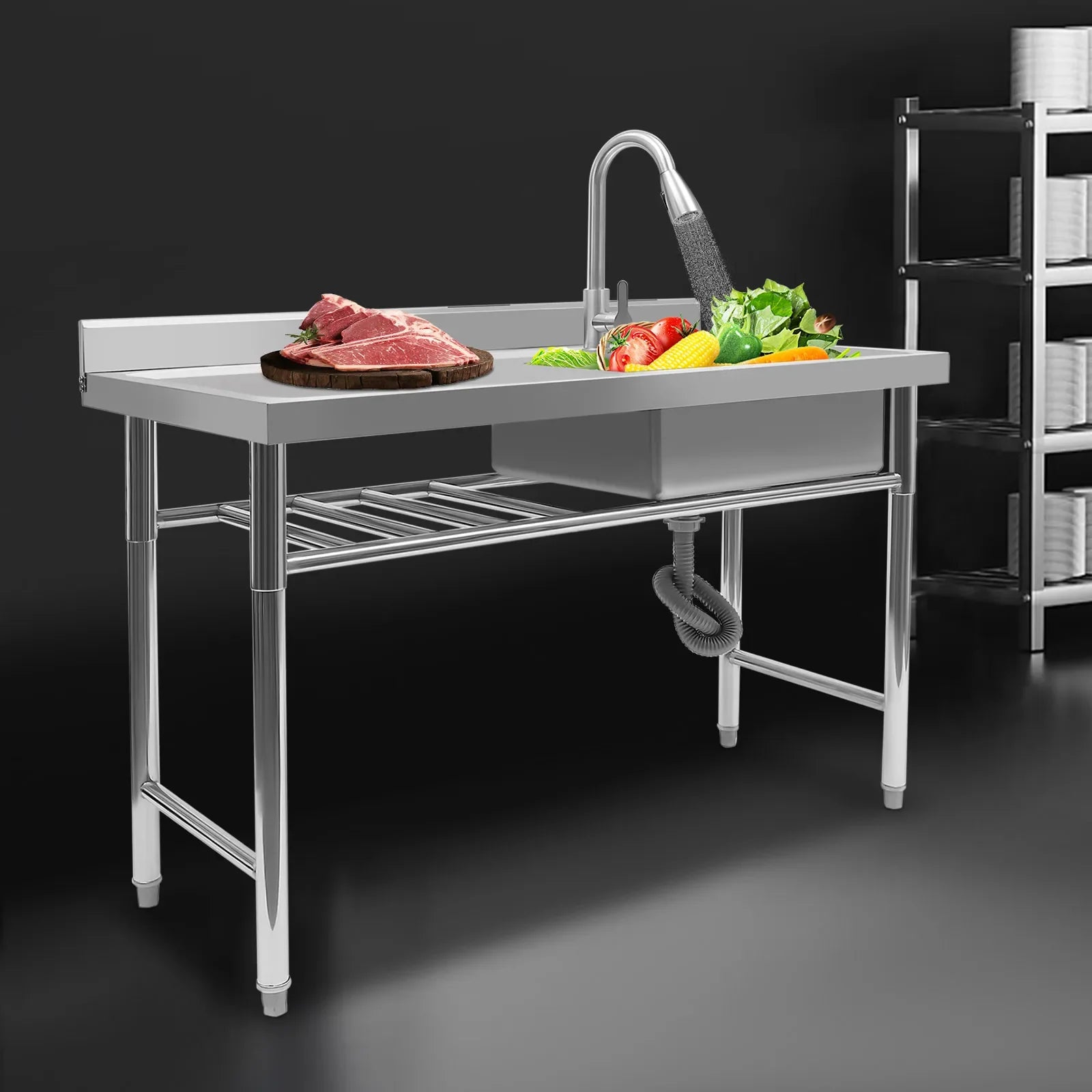 304 Stainless Steel Rectangle Sink,200kg Loading Commercial Kitchen Sink,120x60x80cm with Withdrawable Faucet,Sewer Pipe - Cooky Kitchenware