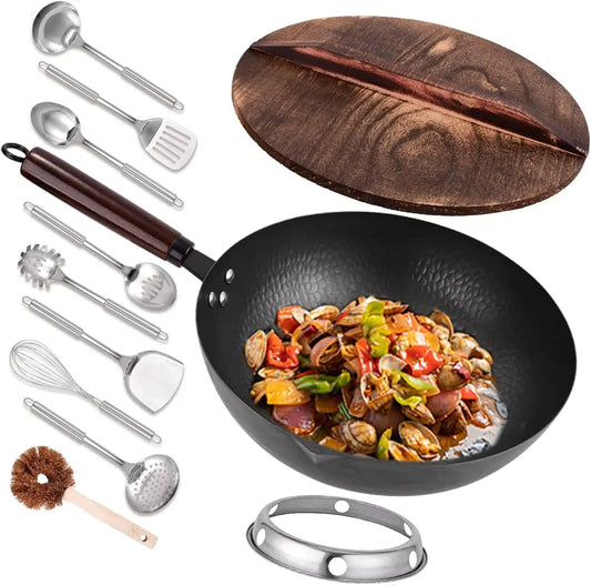 12.8" Carbon Steel Wok-11Pcs Woks & Stir Fry Pans Wok Pan with Lid, No Chemical Coated Chinese Wok with 10 Cookware Accessories - Cooky Kitchenware