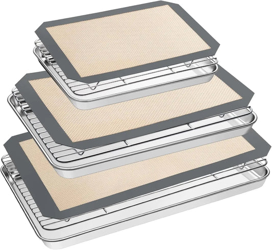 Baking Set: Stainless Steel Sheet Pan with Cooling Rack & Silicone Mat Set, Multi-Size , Warp Resistant - Cooky Kitchenware