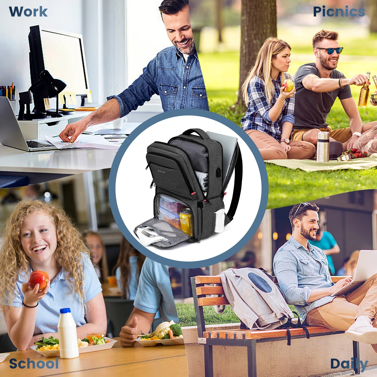Insulated Backpack Lunch Bag Food Box Durable Waterproof  Leak Proof Cooler Case Camping Oxford Dinner Backpacks Icebox with USB - Cooky Kitchenware