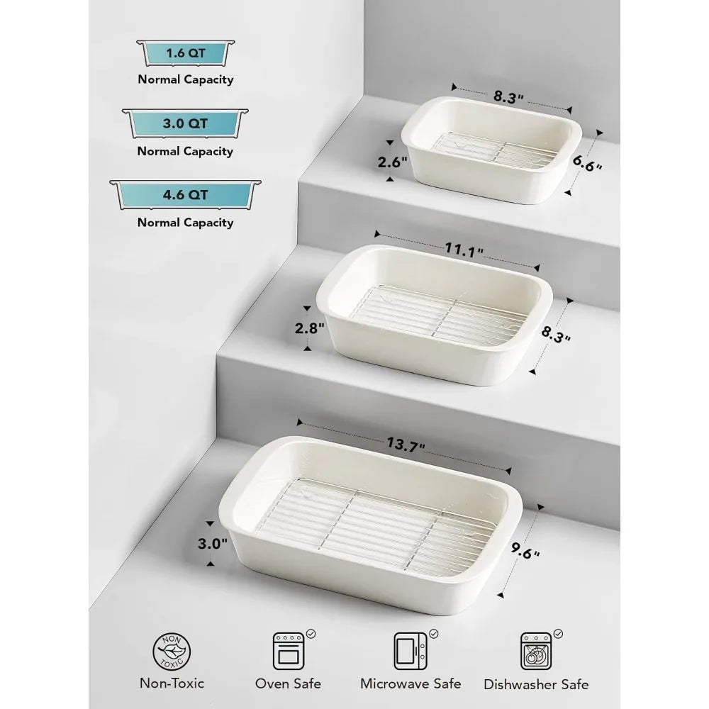 13.7”x9.6” Ceramic Baking Dish Set with Roasting Racks, Large Lasagna Pan with Handles, Set of 3, Bakings Dishes & Pans - Cooky Kitchenware