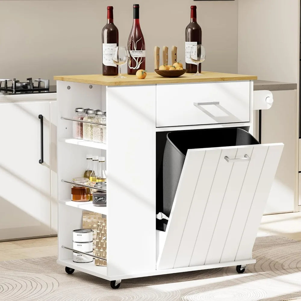 Mobile Kitchen Island with Built-in Trash Bin, Towel Holder, and Spice Storage - Cooky Kitchenware