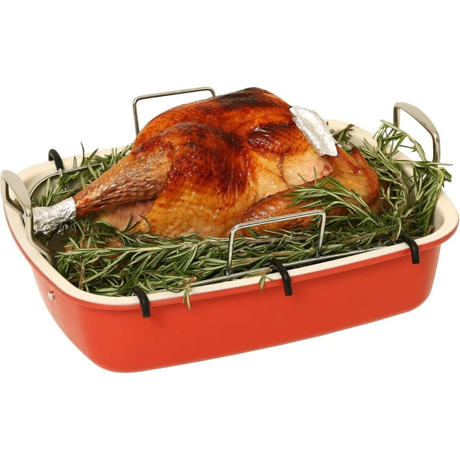 Turkey Roasting Pan with Rack UShaped Large 17.3 x 14.6 Inch Nonstick Roaster Pan for 25 lb Turkey or Chicken Deep Oven Tray 0.