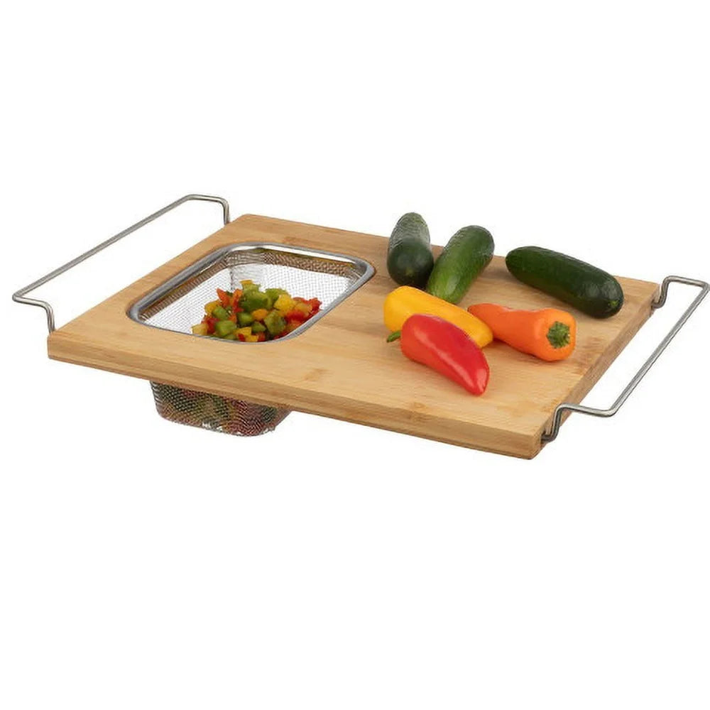 2 in 1 Adjustable Bamboo Cutting Board with Removable Strainer Over Sink Expandable Kitchen Gadget Easy Care Durable Material - Cooky Kitchenware