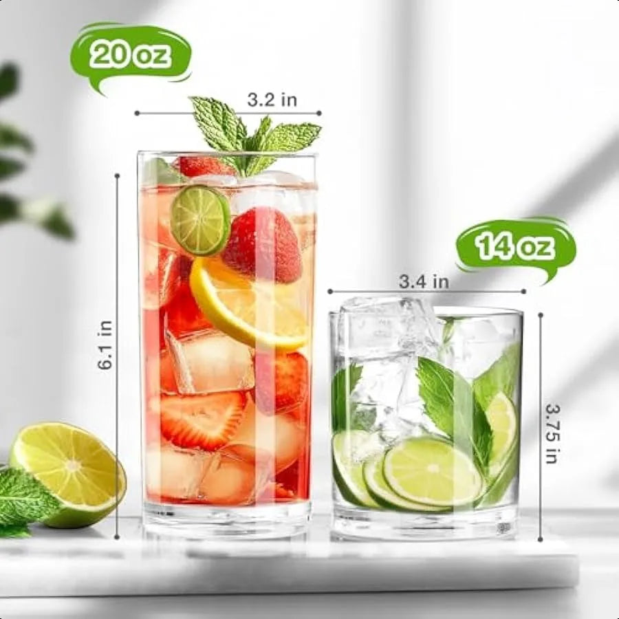 Plastic Drinking Glasses Set of 8 14oz Rocks and 20oz Water Cups Unbreakable Clear Glassware Kitchen Tumblers - Cooky Kitchenware