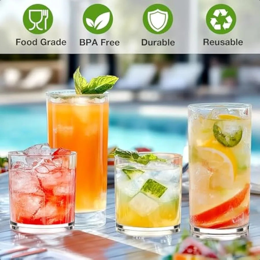 Plastic Drinking Glasses Set of 8 14oz Rocks and 20oz Water Cups Unbreakable Clear Glassware Kitchen Tumblers - Cooky Kitchenware