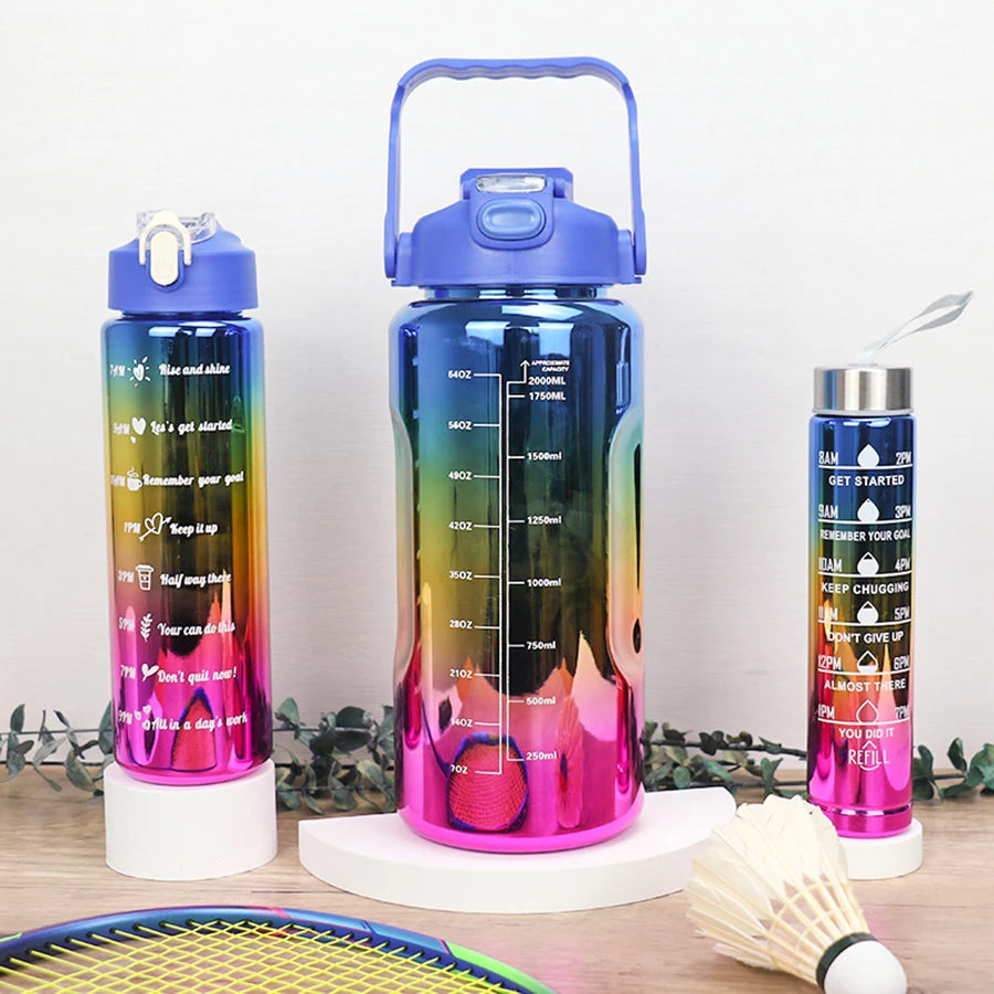 3pcs of leak proof electroplated gradient sports water bottles with straws and time markers - Perfect for offices, schools.