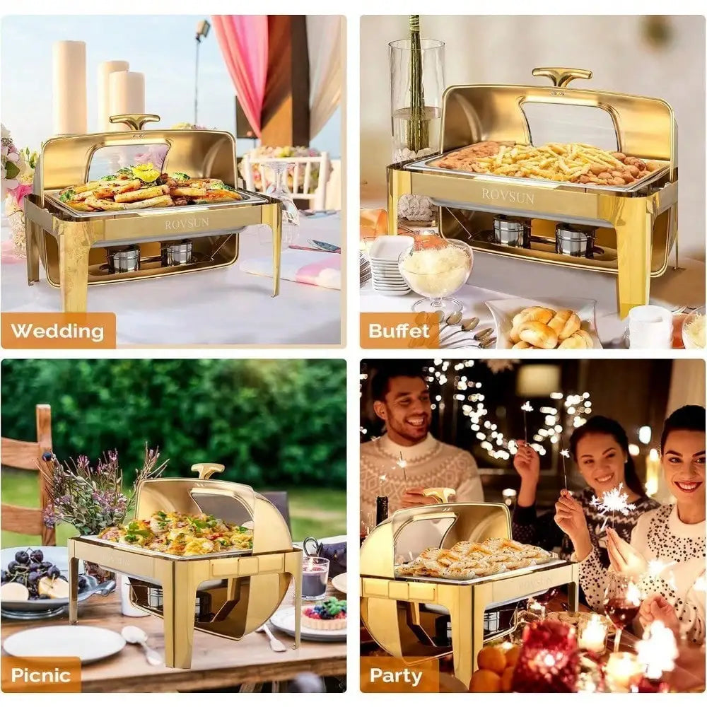Gold 9QT Roll Top Chafing Dish Buffet Set Stainless Steel with Fuel Holder Home - Cooky Kitchenware