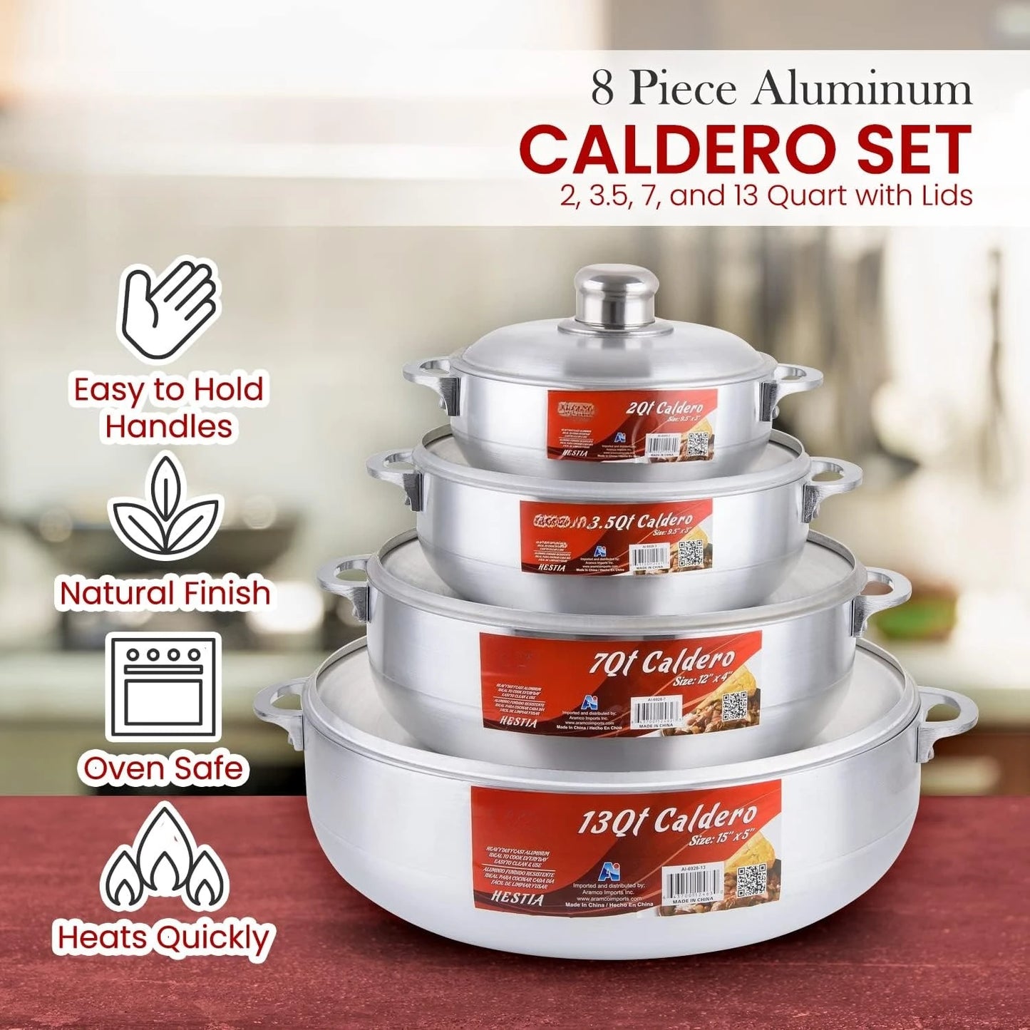 8-Piece Aluminum Caldero Set Durable Nonstick Stock Pots with Lids, Versatile Dutch Oven Cookware for Everyday Home Cooking