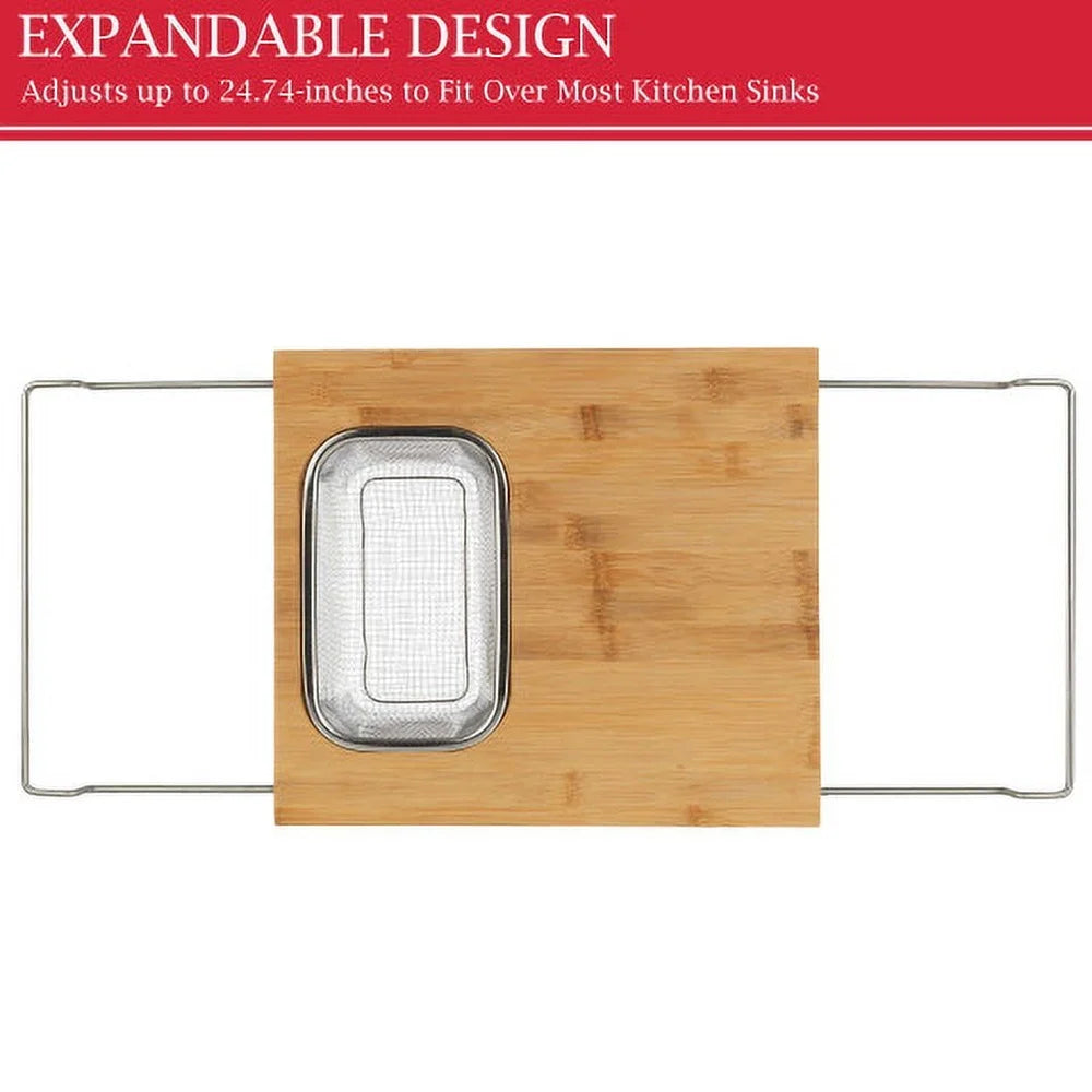 2 in 1 Adjustable Bamboo Cutting Board with Removable Strainer Over Sink Expandable Kitchen Gadget Easy Care Durable Material - Cooky Kitchenware