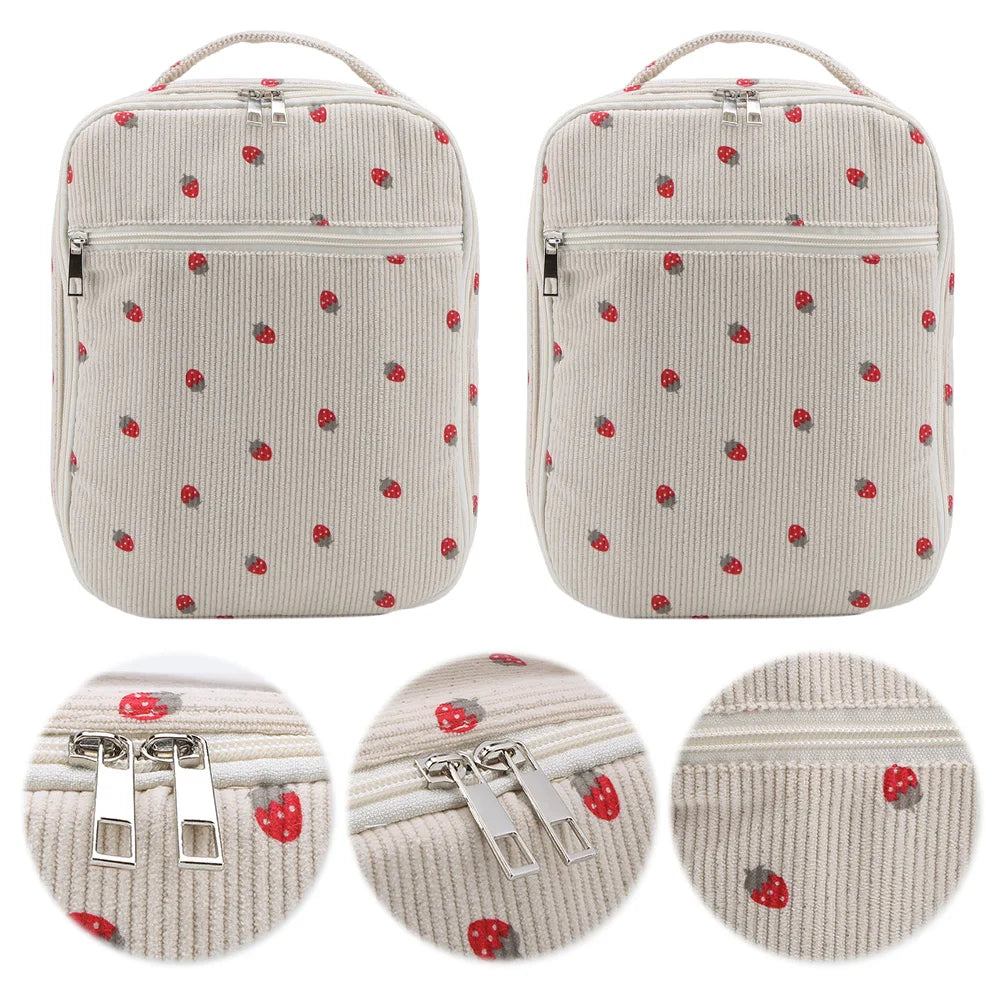 Lunch Bag for Women Corduroy Insulated Lunch Box Leakproof Lunch Tote Handbag Strawberry for School Travel Picnic