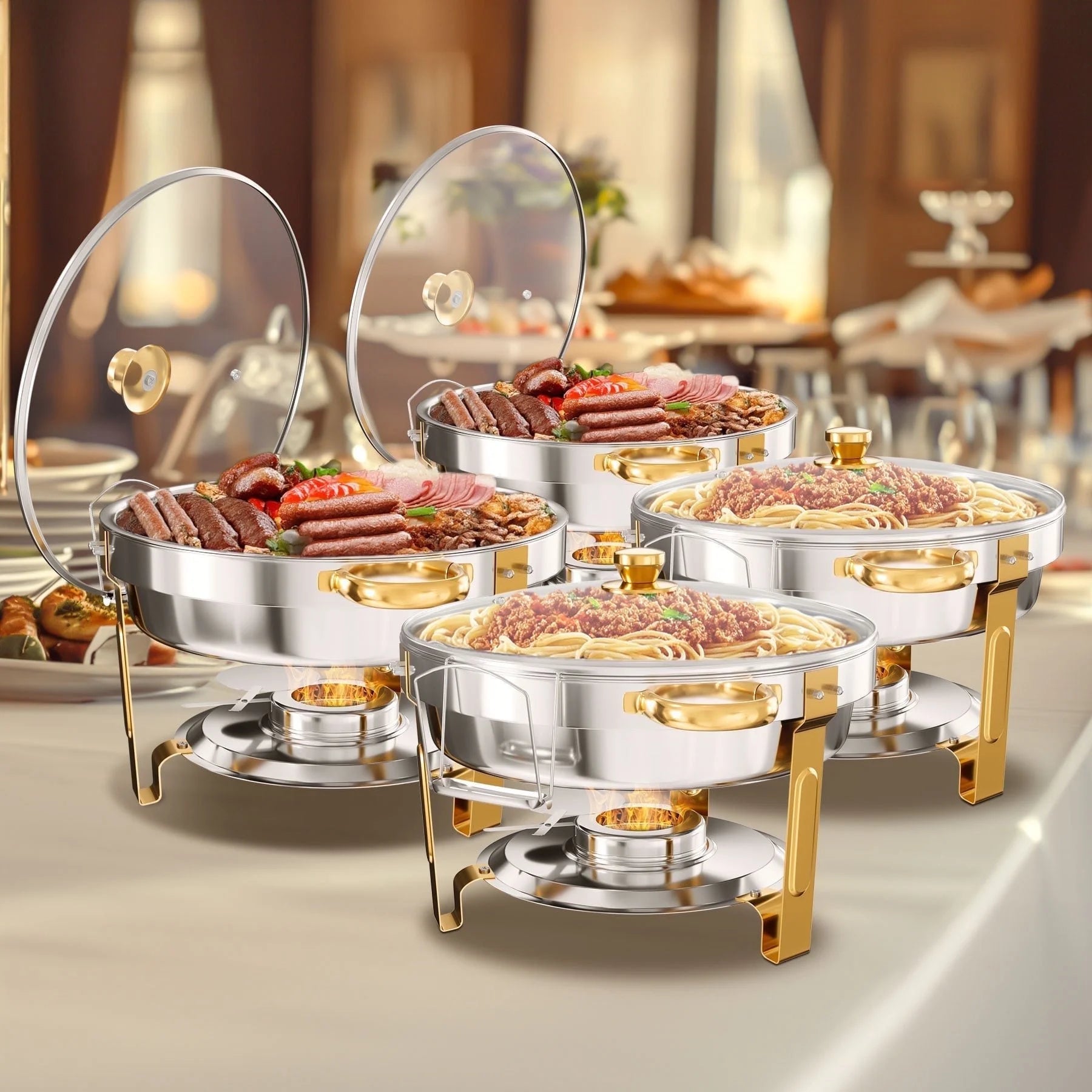 2/4/6 Pack Stainless Steel Chafing Dish Buffet Chafer Pan Round Catering Warmer w/Glass Lid for Party Banquet - Cooky Kitchenware