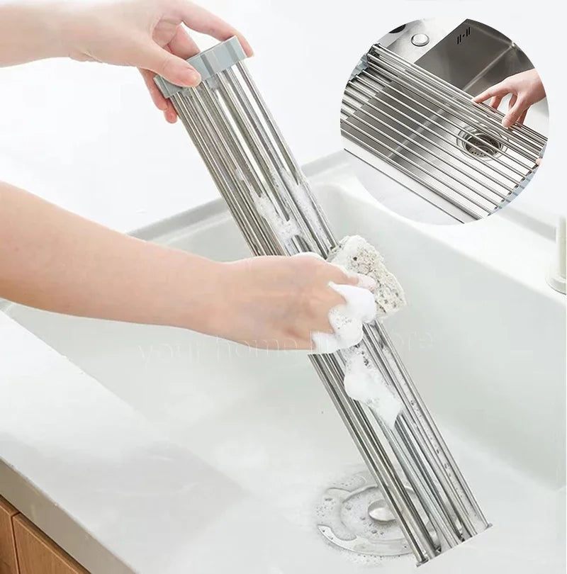 Kitchen accessories,Roll Up Dish Drying Rack 304 Stainless Foldable Sink Rack Shelf Kitchen Storage Organizer Bowl Plate Drainer