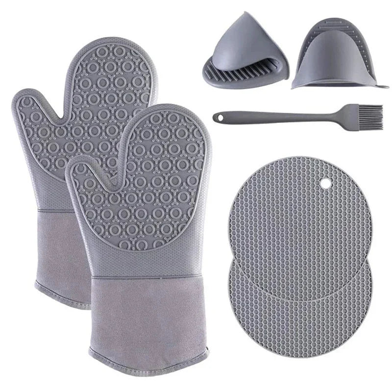 7Pcs/set Microwave Gloves Heat Insulation Silicone Baking Gloves Oven Mitt Pot Holder Nonslip Grilling Pad Hand Clip For Kitchen - Cooky Kitchenware