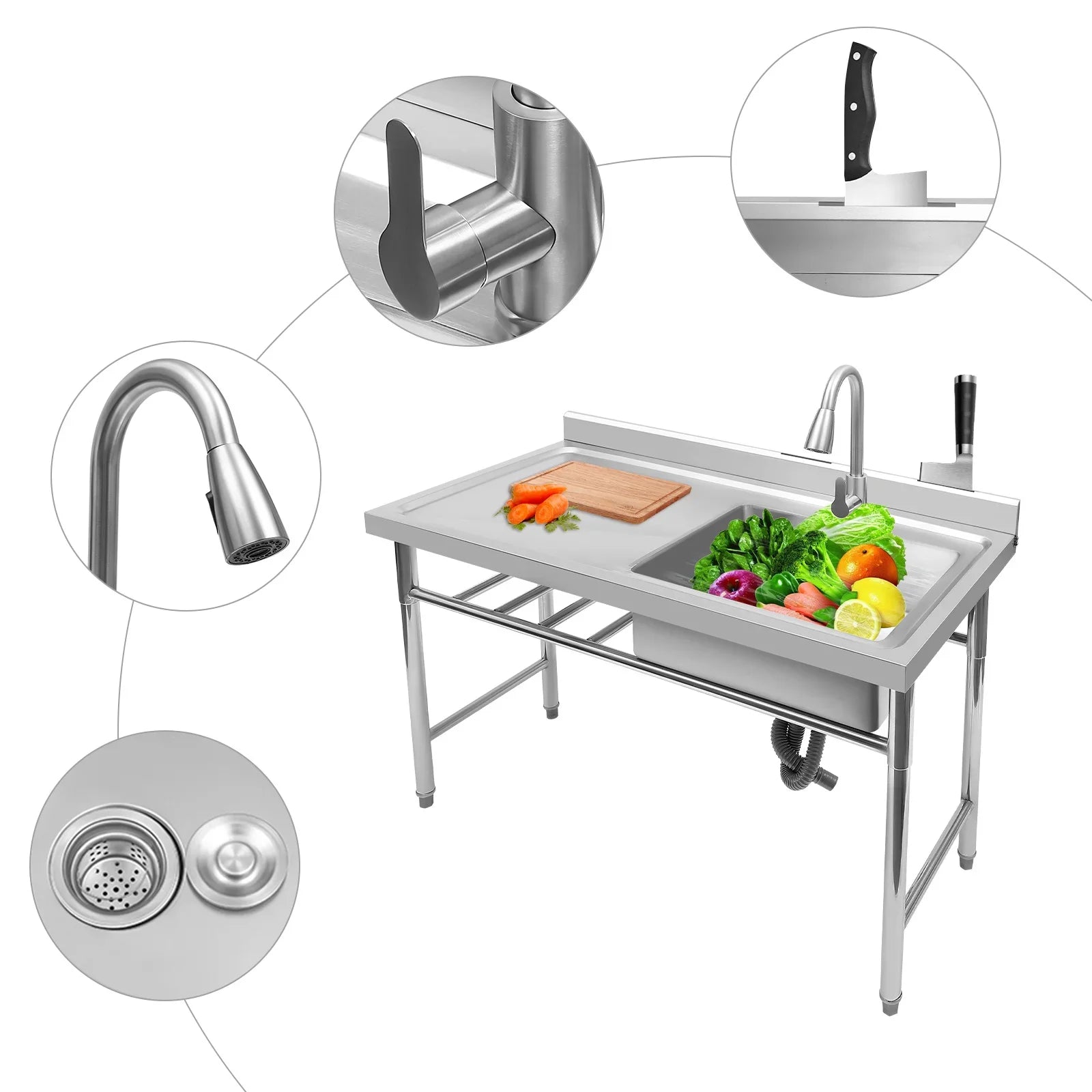 304 Stainless Steel Rectangle Sink,200kg Loading Commercial Kitchen Sink,120x60x80cm with Withdrawable Faucet,Sewer Pipe - Cooky Kitchenware