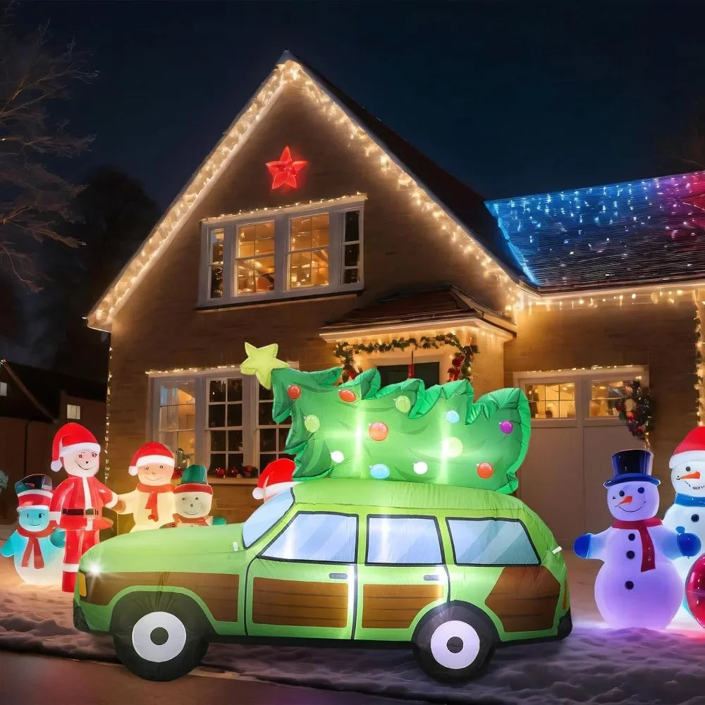 8-Foot Tall Outdoor Christmas Inflatable Wagon with LED Lights and Tree Decoration