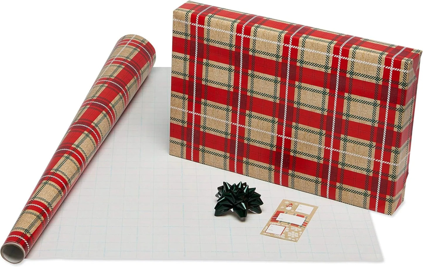 120 sq. ft. Christmas Wrapping Paper Set, Tan, Plaid, Snowman and Christmas Text (4 Rolls 30 in. x 12 ft., 7 Bows, 30 Gift Tags)
