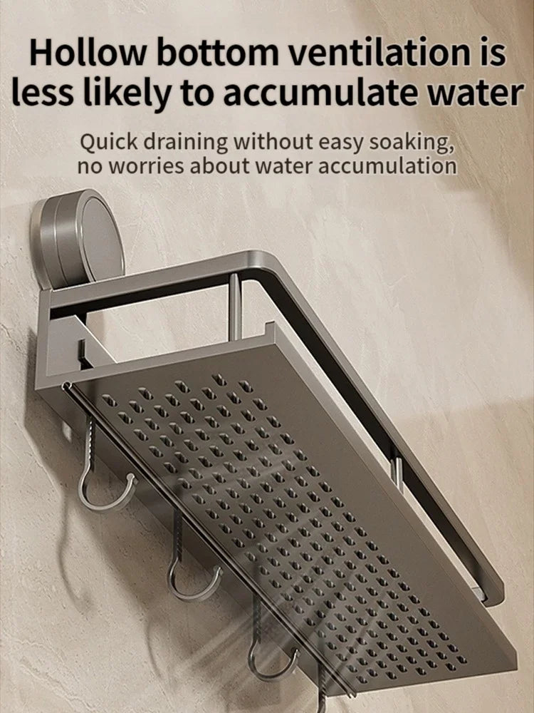 Suction Cup Mount Bathroom Shelf with Towel Holder Removable Hooks No Drill Hanging Bath Room Basket Shampoo Storage Rack Tray - Cooky Kitchenware