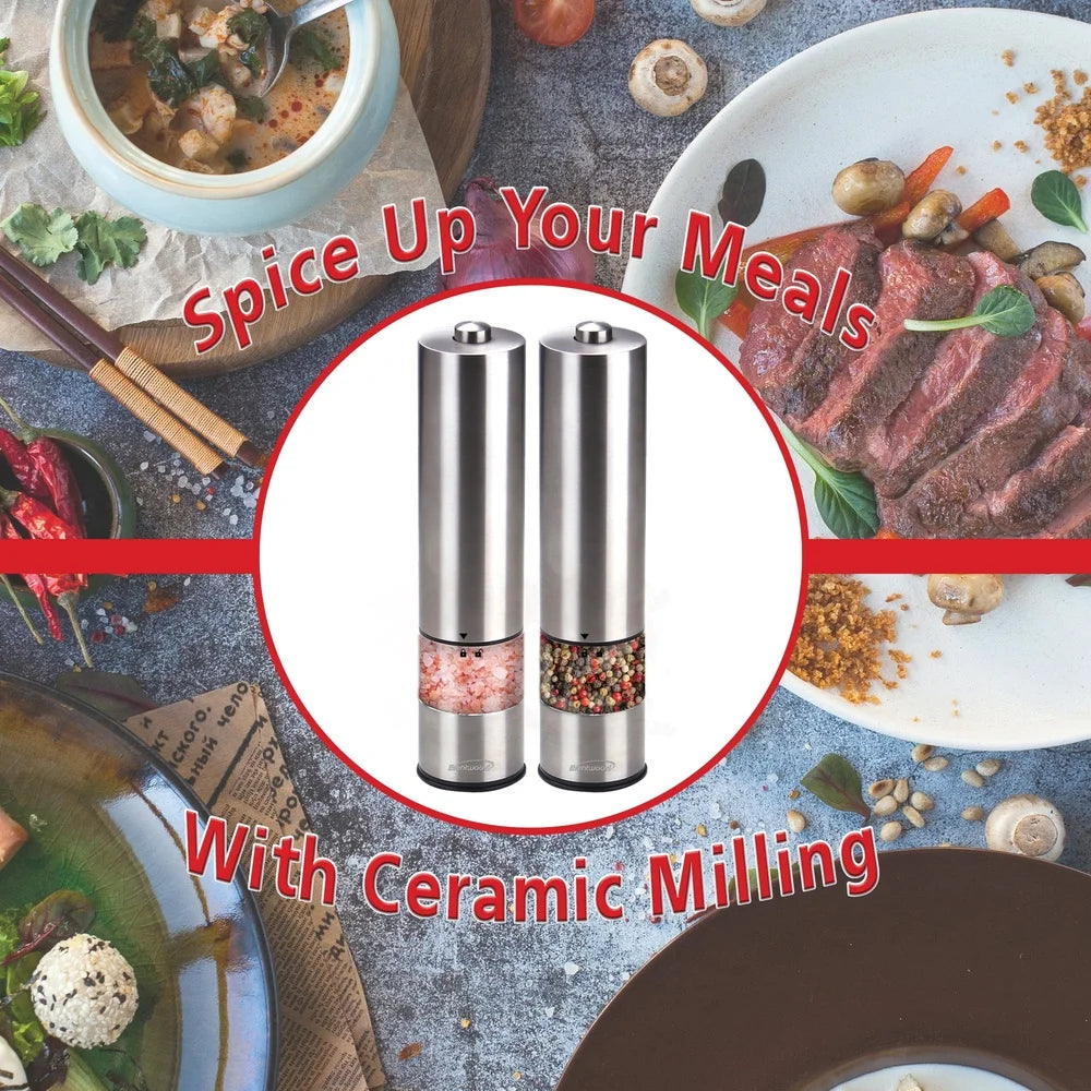 Electric Blue LED Stainless Steel Salt Pepper Grinders Adjustable Ceramic Precision Milling One Hand Operation Display Windows - Cooky Kitchenware