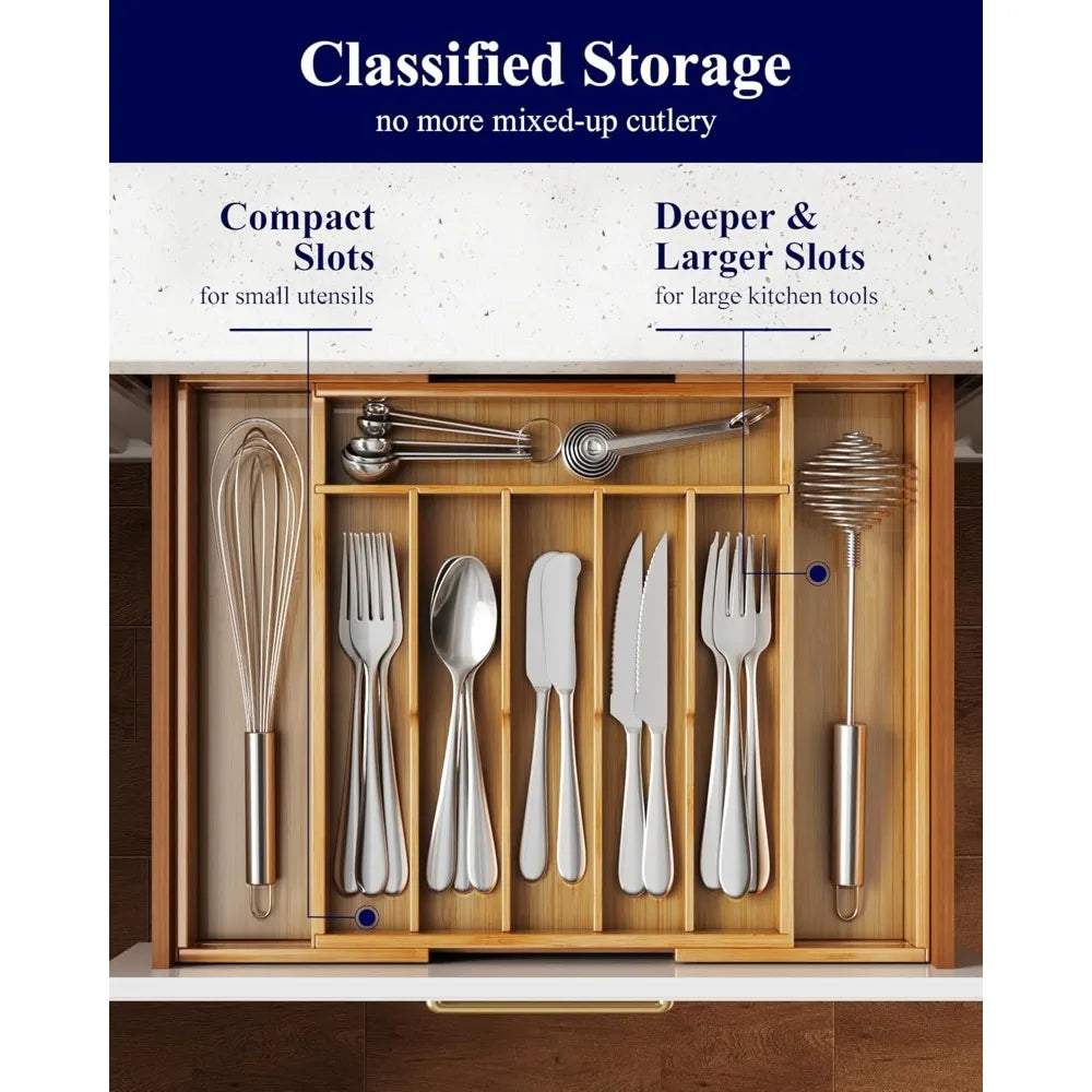 Large Thickened Silverware Organizer - Expandable Bamboo Kitchen Drawer Organizer for Cooking Utensils and Cutlery, Sturdy Kitc - Cooky Kitchenware