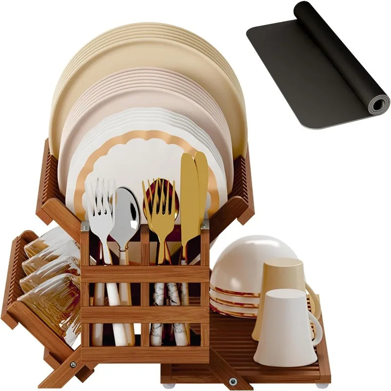 Teak Dish Drying Rack with Utensil Holder, 3 Tier Collapsible Dish Rack, Wooden Dish Racks for Kitchen Counter - Cooky Kitchenware