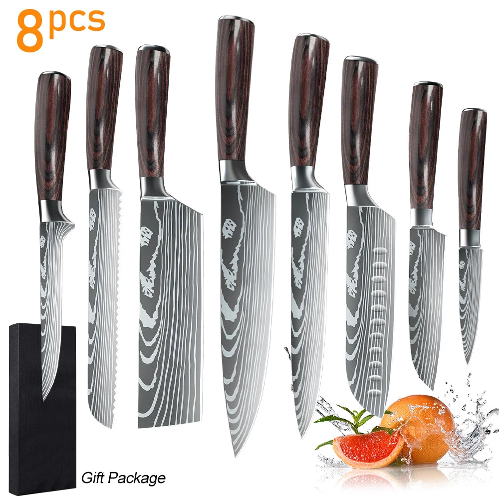 MDHAND 8/10pcs Gift Kitchen Knives Set Laser Damascus Pattern Chef Knife High Carbon Stainless Steel Sharp Fruit Slicing Knife