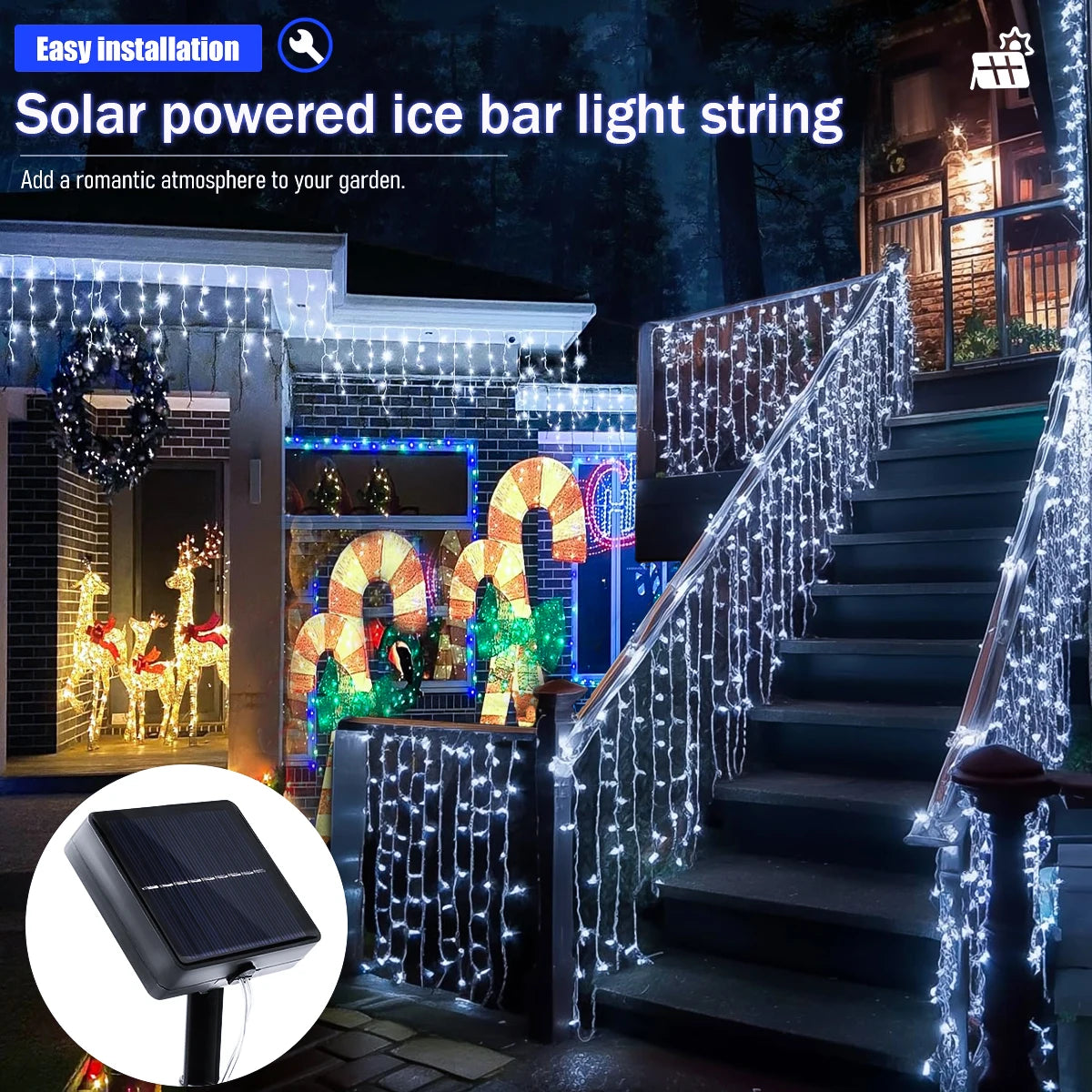 Solar LED Eaves Icicle String Lights 8 Lighting Modes Outdoor Waterproof Christmas Decorations Fairy Lights for Yard Garden - Cooky Kitchenware