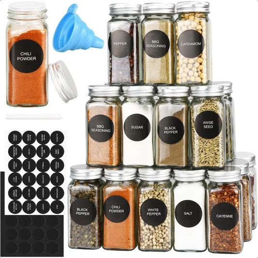 DkOvn 12 24 36 48pcs Glass Spice Jars 4oz Empty Spice Jars with Metal Caps Labels Shaker Lids Collapsible Funnel Chalk Pen Seas
