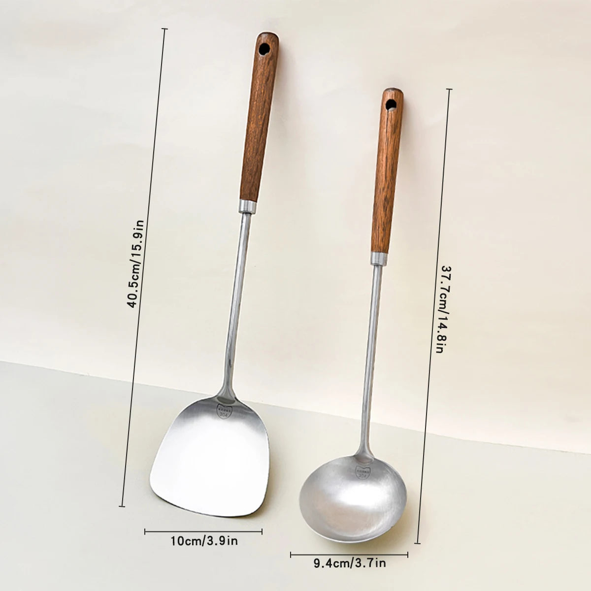 WORTHBUY 304 Stainless Steel Turner With Wooden Handle Heat Resistant Long Handle Soup Ladle Spatula Kitchen Cooking Utensils - Cooky Kitchenware