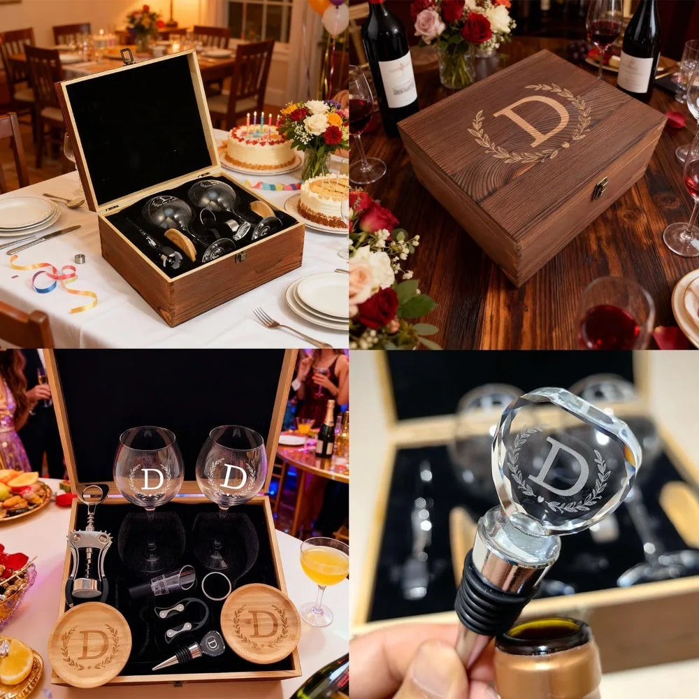 Personalized Initial Engraved Wine Glasses Set for Women - Mom's Birthday Gift, Monogrammed Wooden Christmas Wedding Present