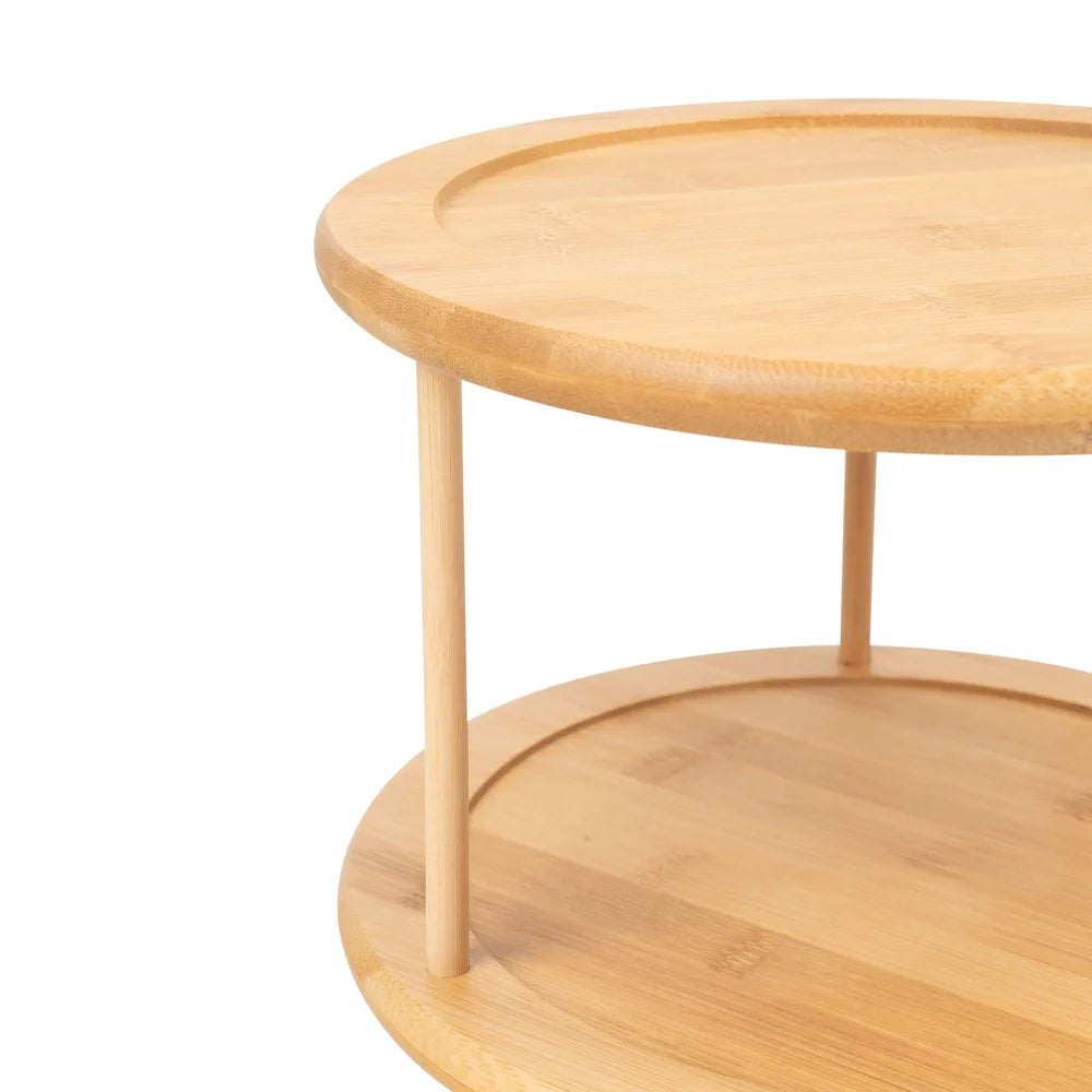 Bamboo 2-Tier Spice Rack Rotating Kitchen Organizer Storage Seasoning Jars Cans Condiments Easy Assembly Multifunctional