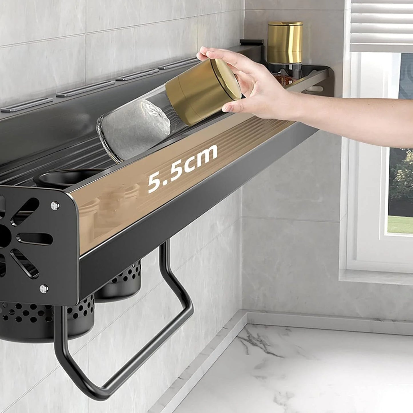 Black Wall Mounted No-Punch Large Capacity Storage Multifunctional Kitchen Spice Storage Rack No Punching Required Brackets