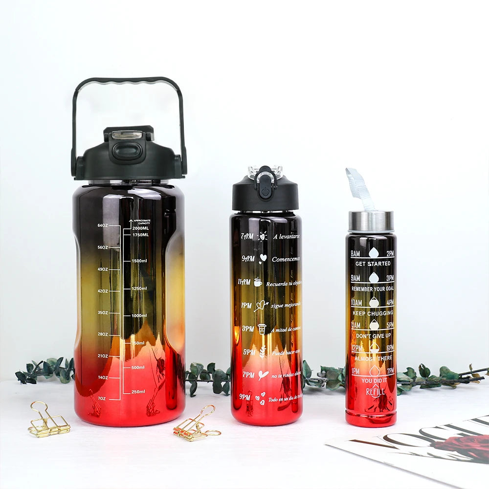 3pcs of leak proof electroplated gradient sports water bottles with straws and time markers - Perfect for offices, schools.