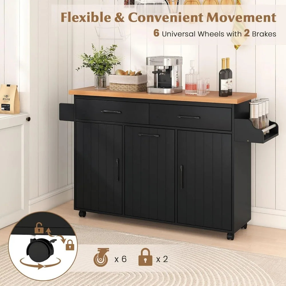 Kitchen Island Cart with Trash Bag Holder, Double Drawers, Spice Rack, Towel Bar, and Two Single-door Cabinets