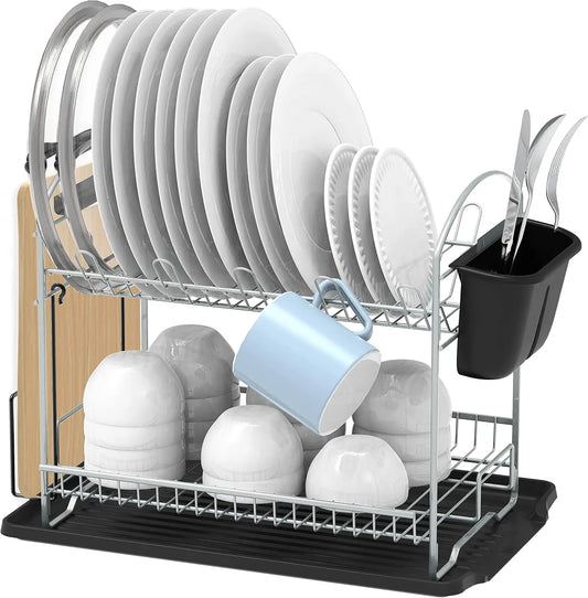 2-Tier Stainless Steel Dish Rack with Drainboard - Space-Saving Design for Efficient Kitchen Drying and Storage - Cooky Kitchenware