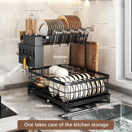 1 Or 2 Tier Space Saving Kitchen Dish Drying Rack Multifunctional Rustproof Dish Rack With Drainboard - Cooky Kitchenware