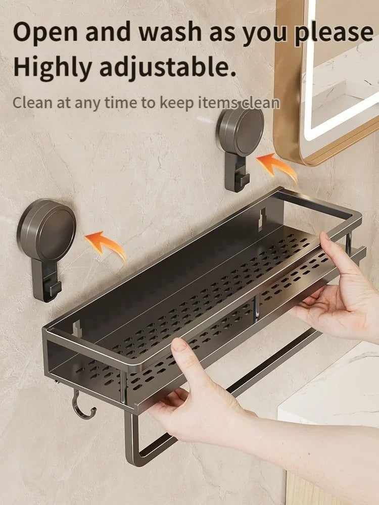Suction Cup Mount Bathroom Shelf with Towel Holder Removable Hooks No Drill Hanging Bath Room Basket Shampoo Storage Rack Tray - Cooky Kitchenware