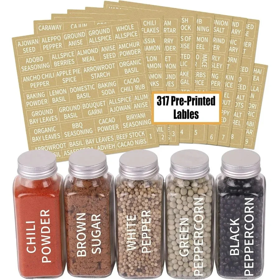 25 Glass Spice Jars 8 oz Empty Spice Bottles with 713 Spice Labels Chalk Marker and Funnel Complete Set for Kitchen Organizatio