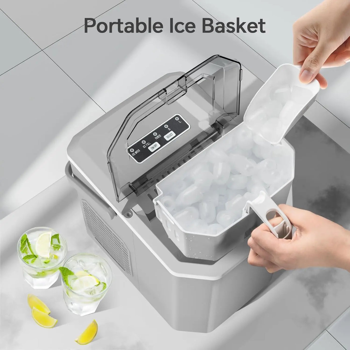 Ice Makers Countertop, Ice Machine with Handle, 26Lbs in 24Hrs, 9 Cubes Ready in 6 Mins, Self-Cleaning Portable Ice Maker(Grey) - Cooky Kitchenware