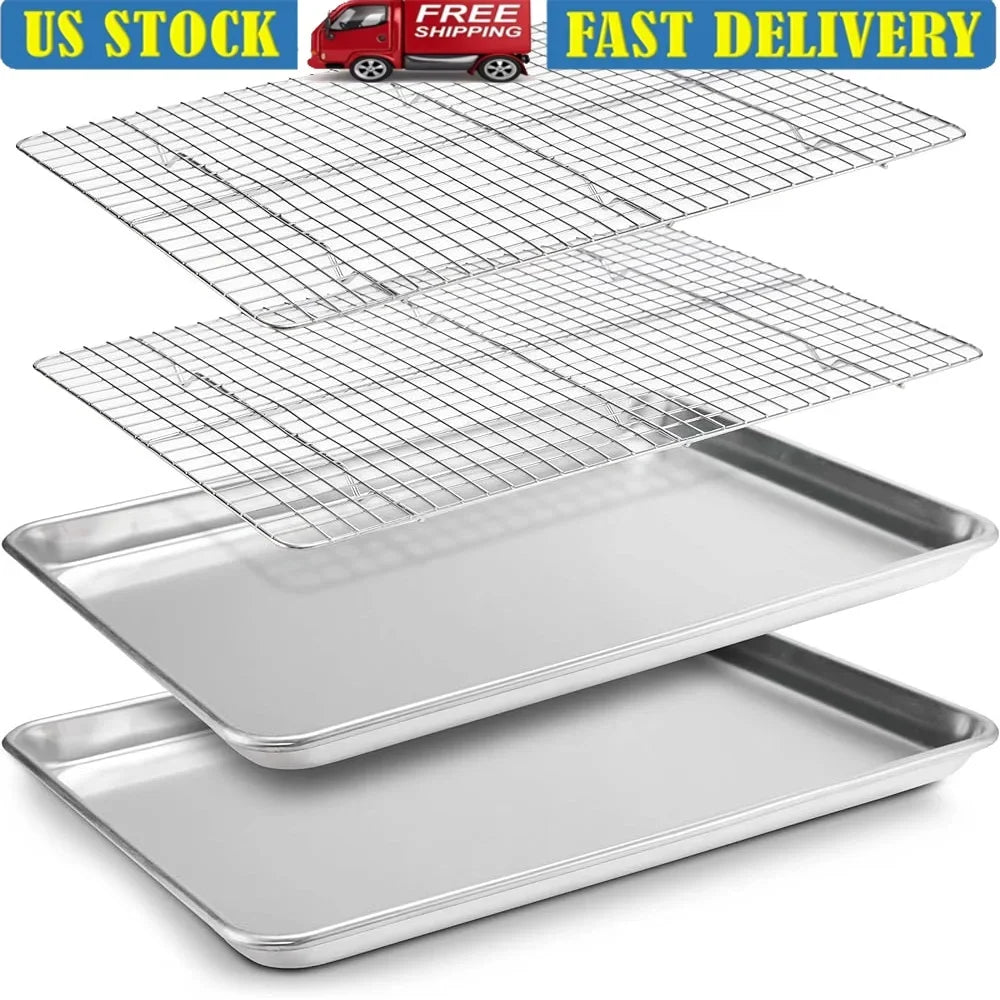 Baking Sheet Set 2 Pack Stainless Steel Half Pans with Cooling Racks Oven Safe Dishwasher Safe Multi Use Baking Tray - Cooky Kitchenware