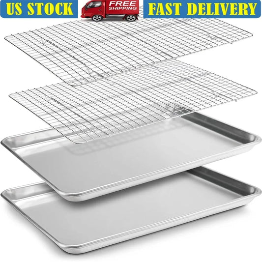 Baking Sheet Set 2 Pack Stainless Steel Half Pans with Cooling Racks Oven Safe Dishwasher Safe Multi Use Baking Tray - Cooky Kitchenware