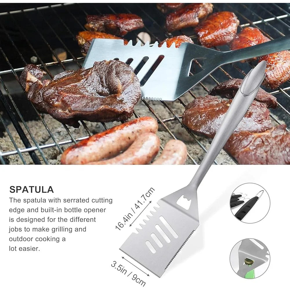 8PCS Stainless Steel BBQ Grill Tool Set Spatula Tongs Fork Basting Brushes Cleaning Brush Storage Bag Heavy Duty Accessories - Cooky Kitchenware