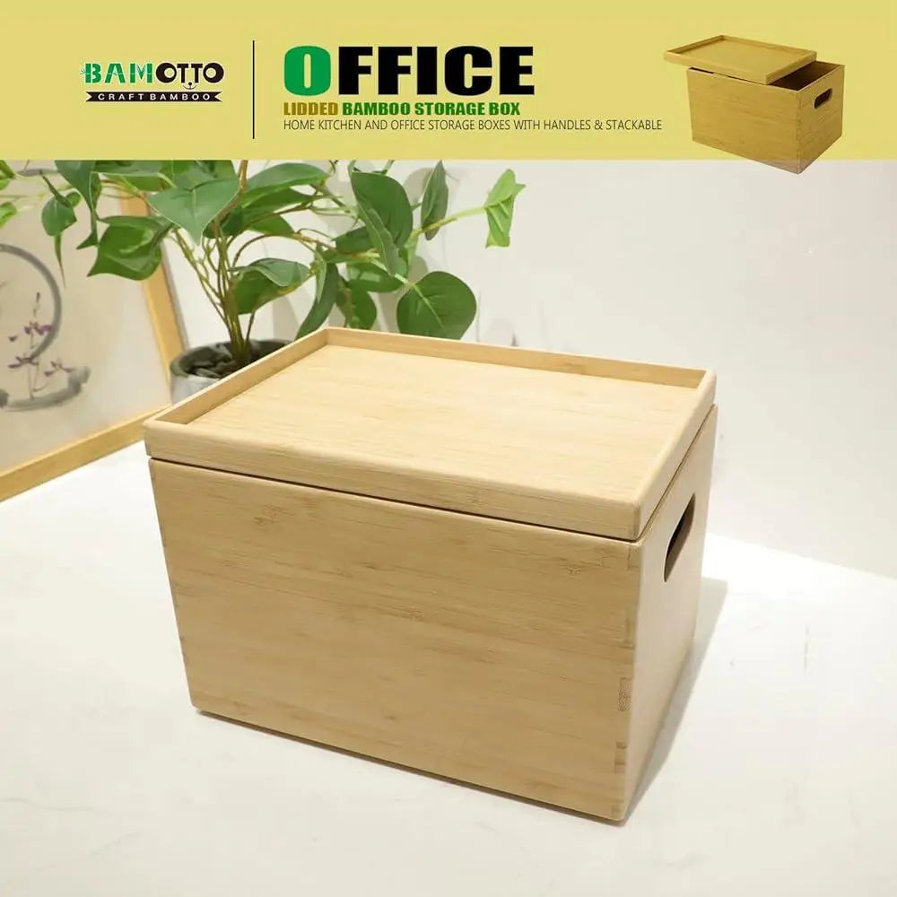 Stackable Bamboo Storage Bin with Lid and Handles Kitchen Office Organization and Home Decor - Cooky Kitchenware