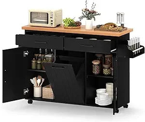 Kitchen Island Cart with Trash Bag Holder, Double Drawers, Spice Rack, Towel Bar, and Two Single-door Cabinets