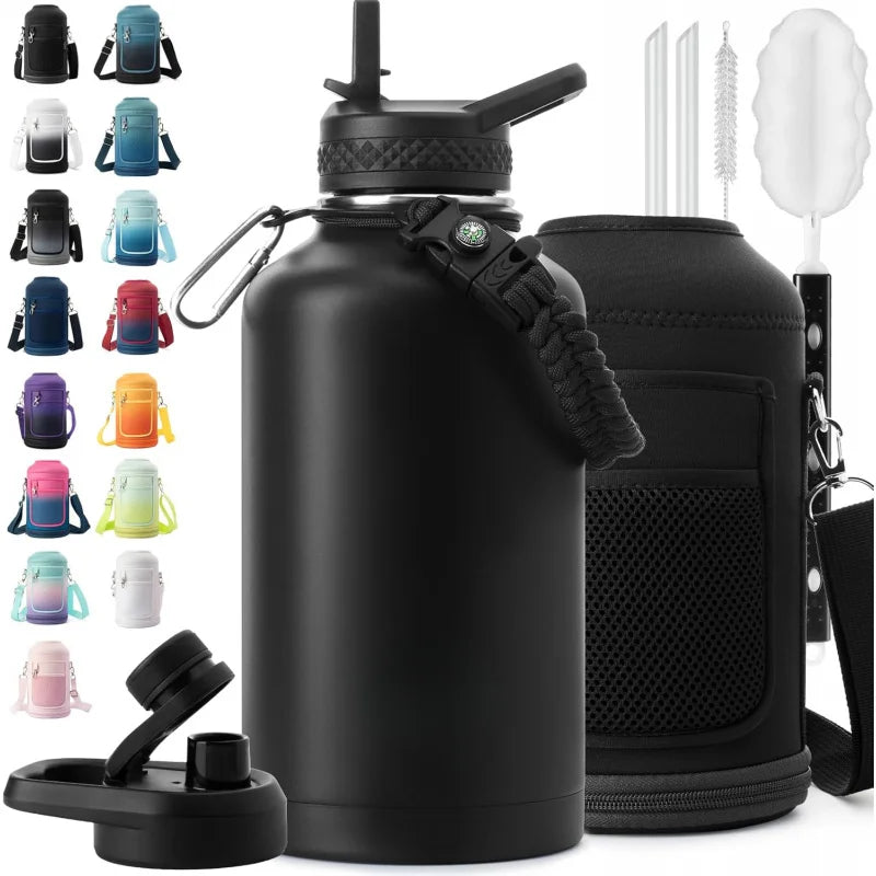 64 oz Insulated Water Bottle Thickened Stainless Steel Vacuum Design, BPA-Free, Large Jug with Straw, Carrier Bag & Handle Strap