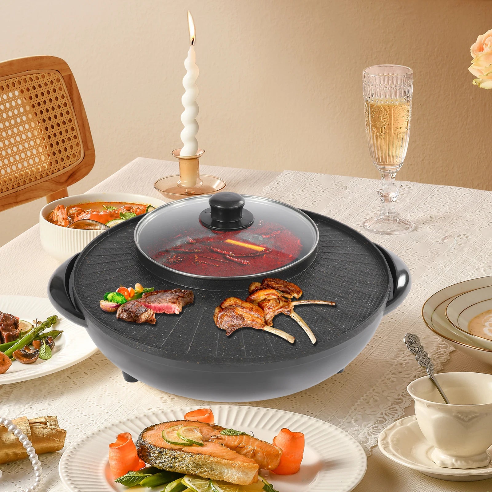 Circular Edition Hotpot Grill Combo Indoor BBQ Electric Hot Pot with Divider Portable Smokeless Grill - Cooky Kitchenware