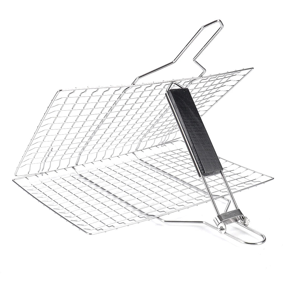 BBQ Grilling Basket Folding Outdoor Camping BBQ Rack with Detachable Handle 8.6*12.6 Inch for Fish Vegetables Steak Shrimp Chops - Cooky Kitchenware