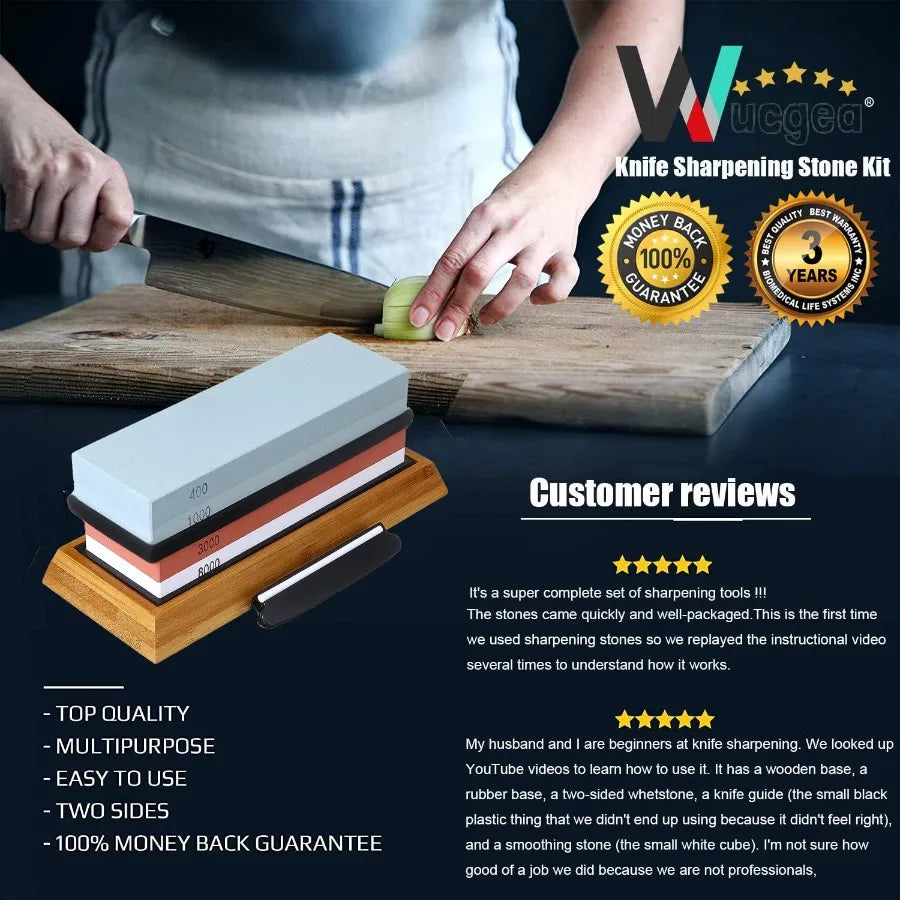 Knife Sharpening Stone Kit 400 1000 3000 8000 Grit Wet Kitchen Whetstone Knife Sharpener Set with Nonslip Bamboo Rubber Base An