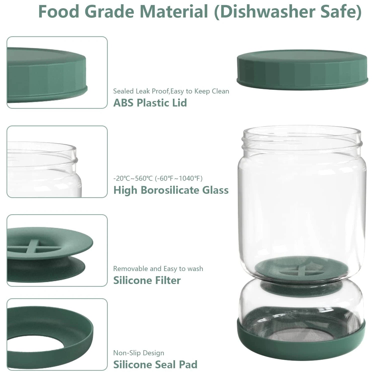 Glass Pickles Jar with Lids Strainer Olives Hourglass Jug Food Storage Kimchi Container Jalapenos Fermentation Kitchen Separator - Cooky Kitchenware