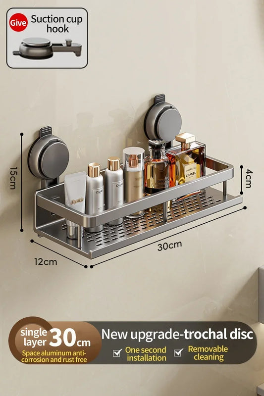 Suction Cup Mount Bathroom Shelf with Towel Holder Removable Hooks No Drill Hanging Bath Room Basket Shampoo Storage Rack Tray - Cooky Kitchenware